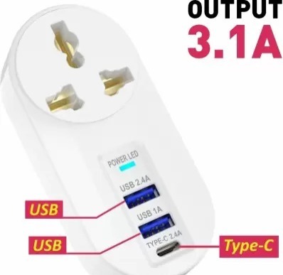 U&i UiCH 3960 3.1 A Multiport Mobile Extra Series Charger Dual USB port and Type C Port with Plug Port Charger (White)